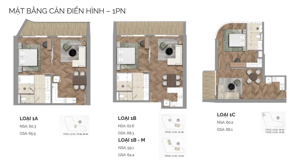 Mặt bằng căn hộ điển hình 1PN tại Nobu Danang