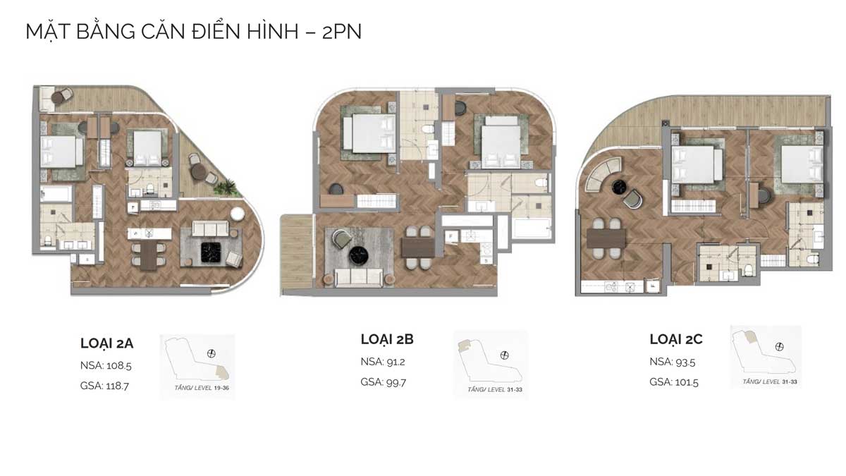 Mặt bằng căn hộ điển hình 2PN tại Nobu Danang